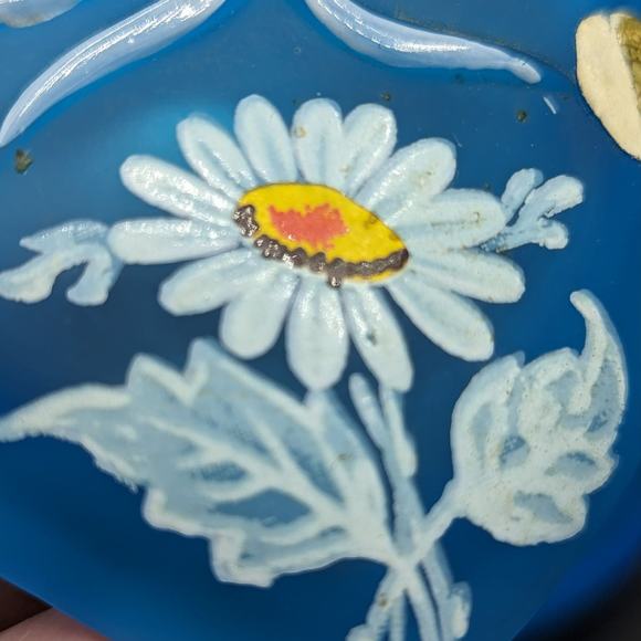 Vintage Westmoreland Blue Glass Hand Painted Daisy Small Trinket Dish As Is - Picture 5 of 14